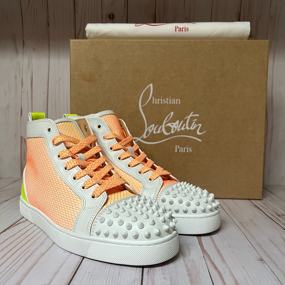 Christian Louboutin Fun Lou Spikes High Top Sneaker White/Yellow Sz 42 / 9 - Picture 2 of 14